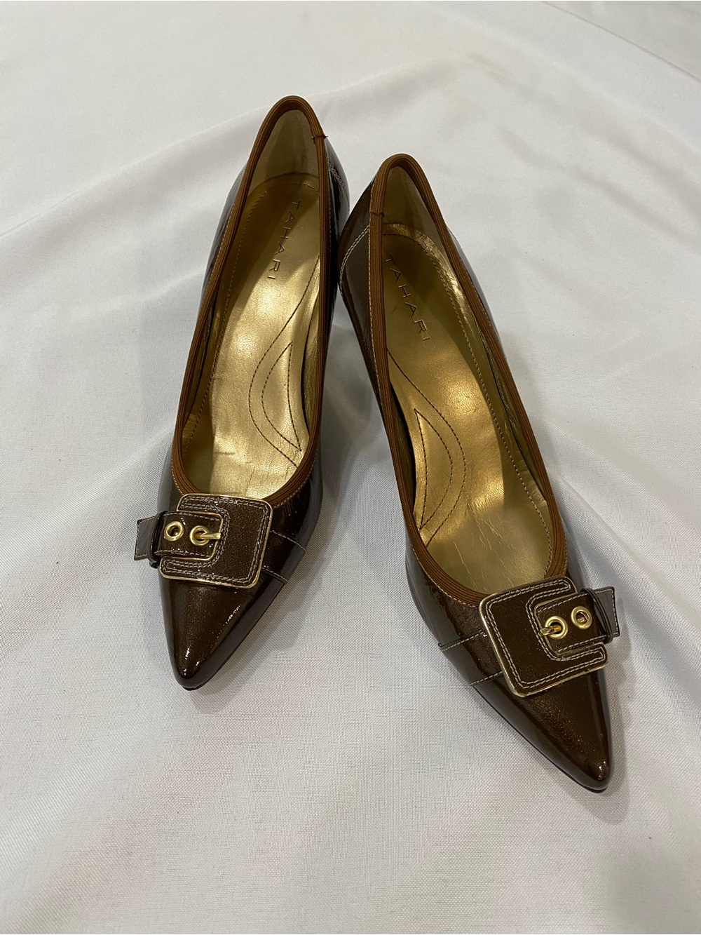 Tahari Brown Pointed-Toe Buckle Pumps